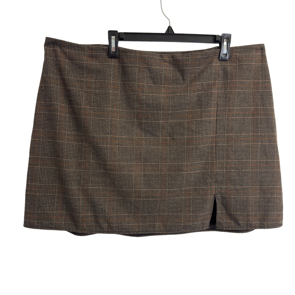 Old Navy Plaid Mini Skirt Brown Tan Check Front Slit Side Zip Lined Size 2X